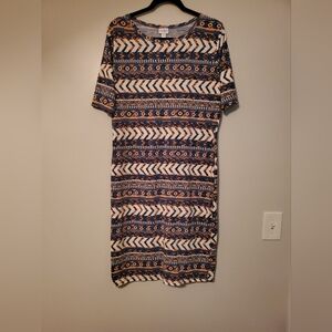 Lularoe Julia, size 2XL, Heather blue pattern w/cream arrows.